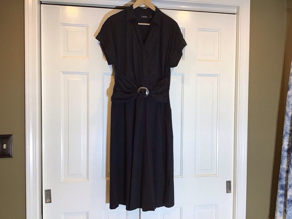 Lauren Ralph Lauren Black Midi Dress 12 Concho Buckle Minimalist Western Capsule